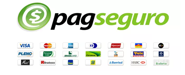 Bandeiras de cartão aceitas: Visa, Mastercard, Elo, Hipercard, American Express e outras, via PagSeguro